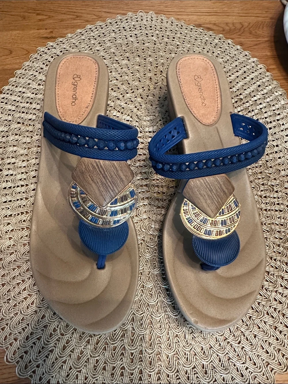 Grendha Wedge Thong Sandals in Navy and Tan with Decorative Accents